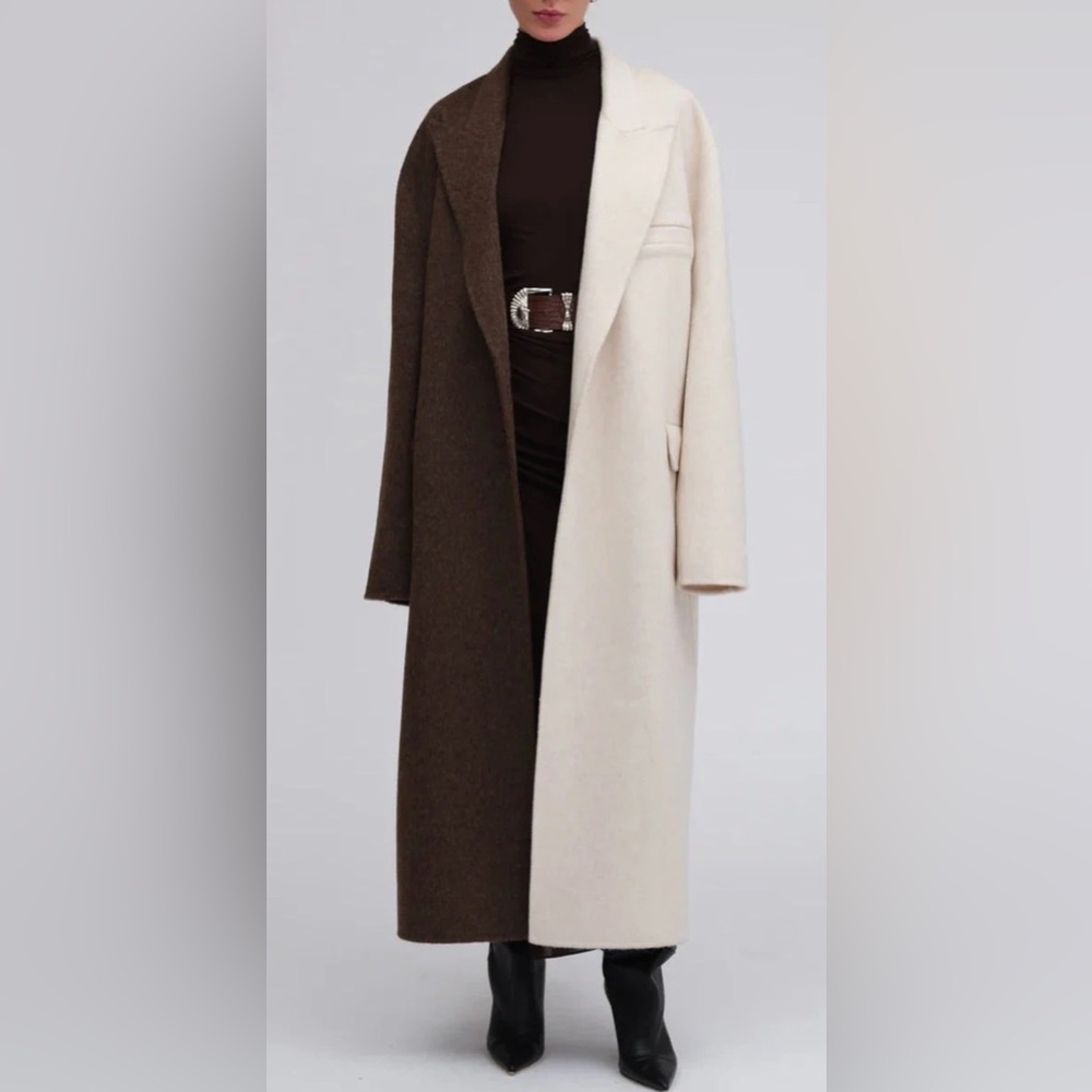 NWT RONNY KOBO WENDALIN WOOL TWO TONE COAT BROWN IVORY SZ S